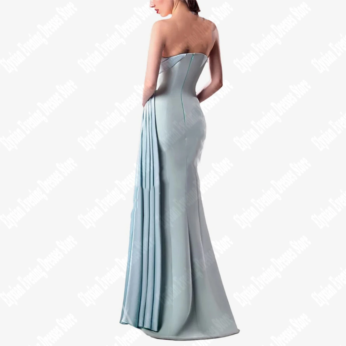 Light Blue Satin Women Evening Dresses Wrap Buttocks High Slit Prom Gowns Multi-Layer Pleated Design Collar  Vestidos De Noche