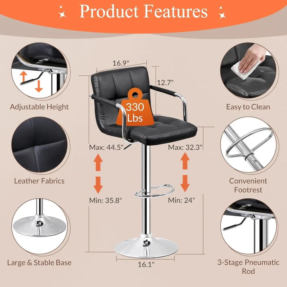 Bar Stools Set of 4, Modern PU Leather Adjustable Swivel Barstool with Back and Arms, Airlift Counter Height Chair for Kitchen
