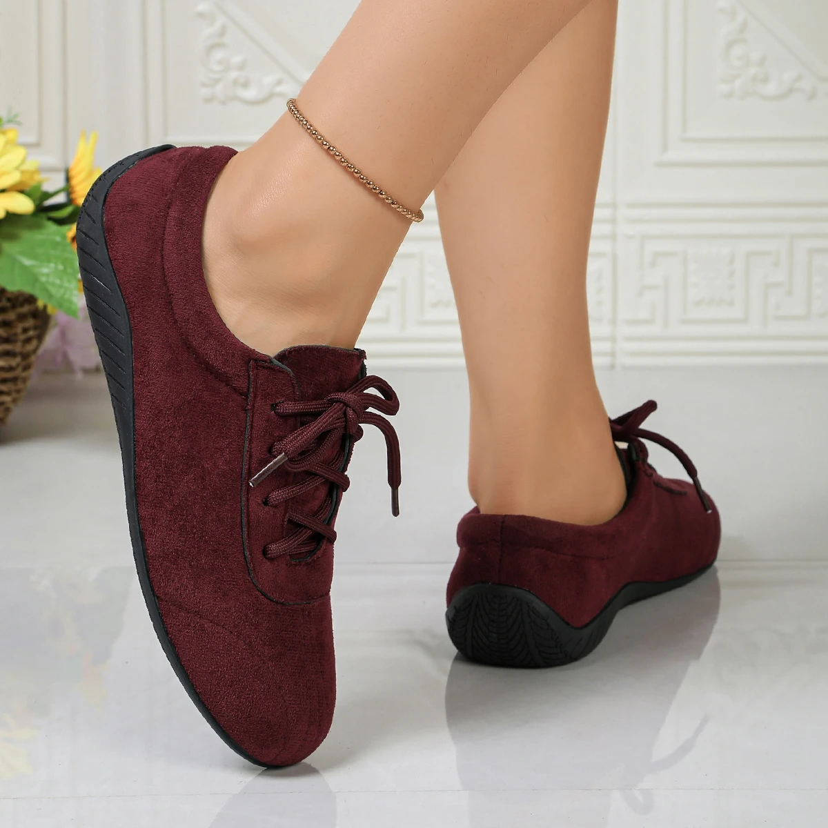 Damen-Schnürschuhe, flache Freizeitschuhe, weiche Sohle, Wildlederstoff, rutschfest, leicht, Vintage, bequem, für den täglichen Gebrauch im Freien. – Detail 4