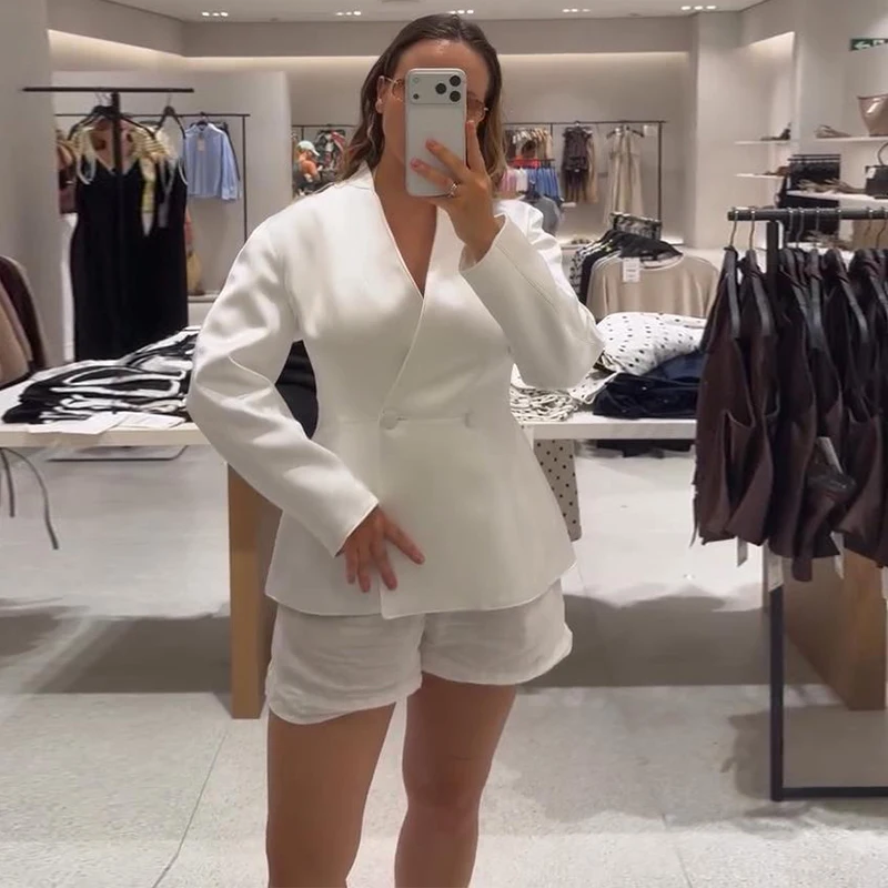 Satin V-Ausschnitt Tailliertes Anzugjackett für Damen Elegante Langarm Doppelreihige Schlichte Schlanke Mäntel Modische Damen Neue Oberbekleidung – Detail 2