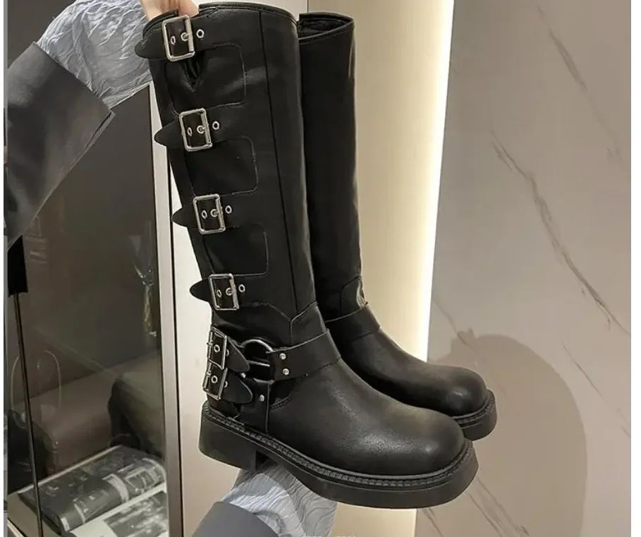 Spring Winter Fashion Sexy Woman Boots Knee High Black comfort Knight Combat Retro Boots Elegant Medium Heel Women Shoes Large