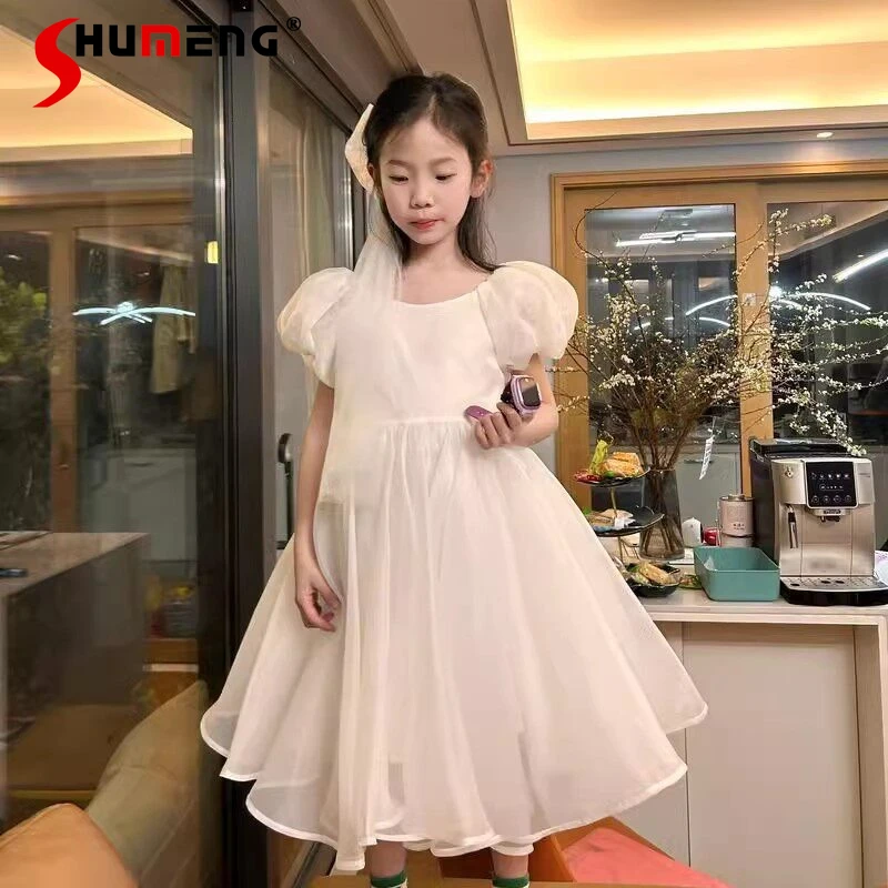 

Розовое платье для девочки в стиле принцессы на день рождения, с длинными рукавами, однотонное, милое, повседневное, с короткими пышными рукавами, для детей