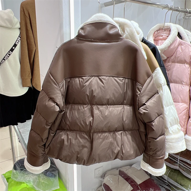 European style collar wool lamb splicing design sense down jacket winter 2024 Korean plush thicke Puffer jacket