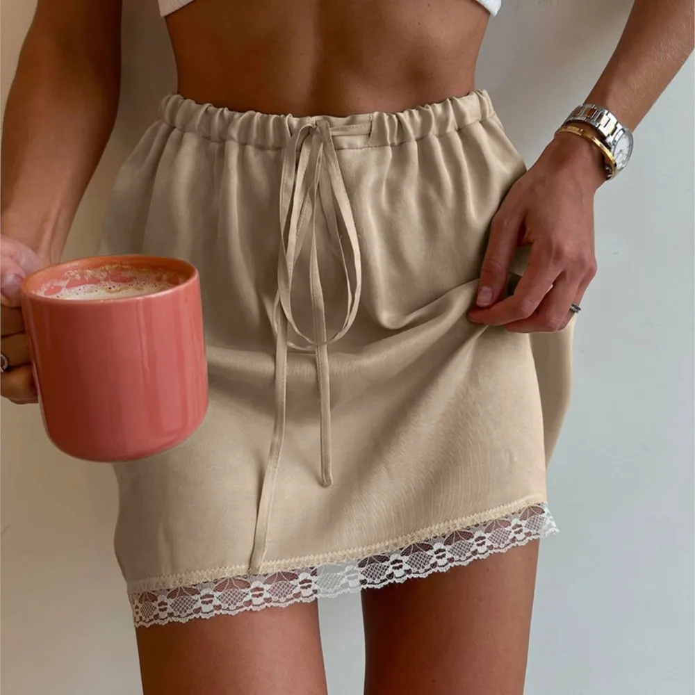 

Elegant Drawstring Skirt Solid Color Spring Summer Fashion High Waist Retro Satin Slim Y2k Street Style Lace Lace Short Skirt