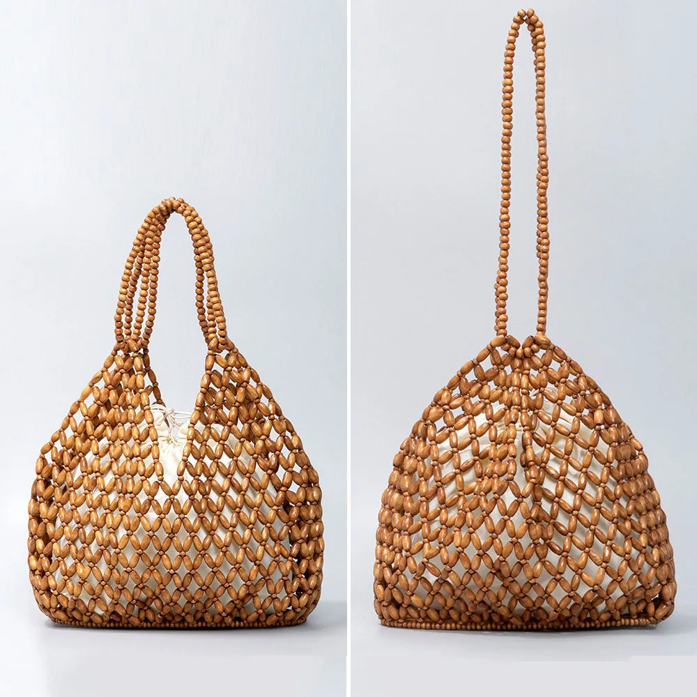 Women Woven Hand Bag Exquisite Design Hollow-out Wooden Bead Shoulder Bag Female Daily Shopping Handbag