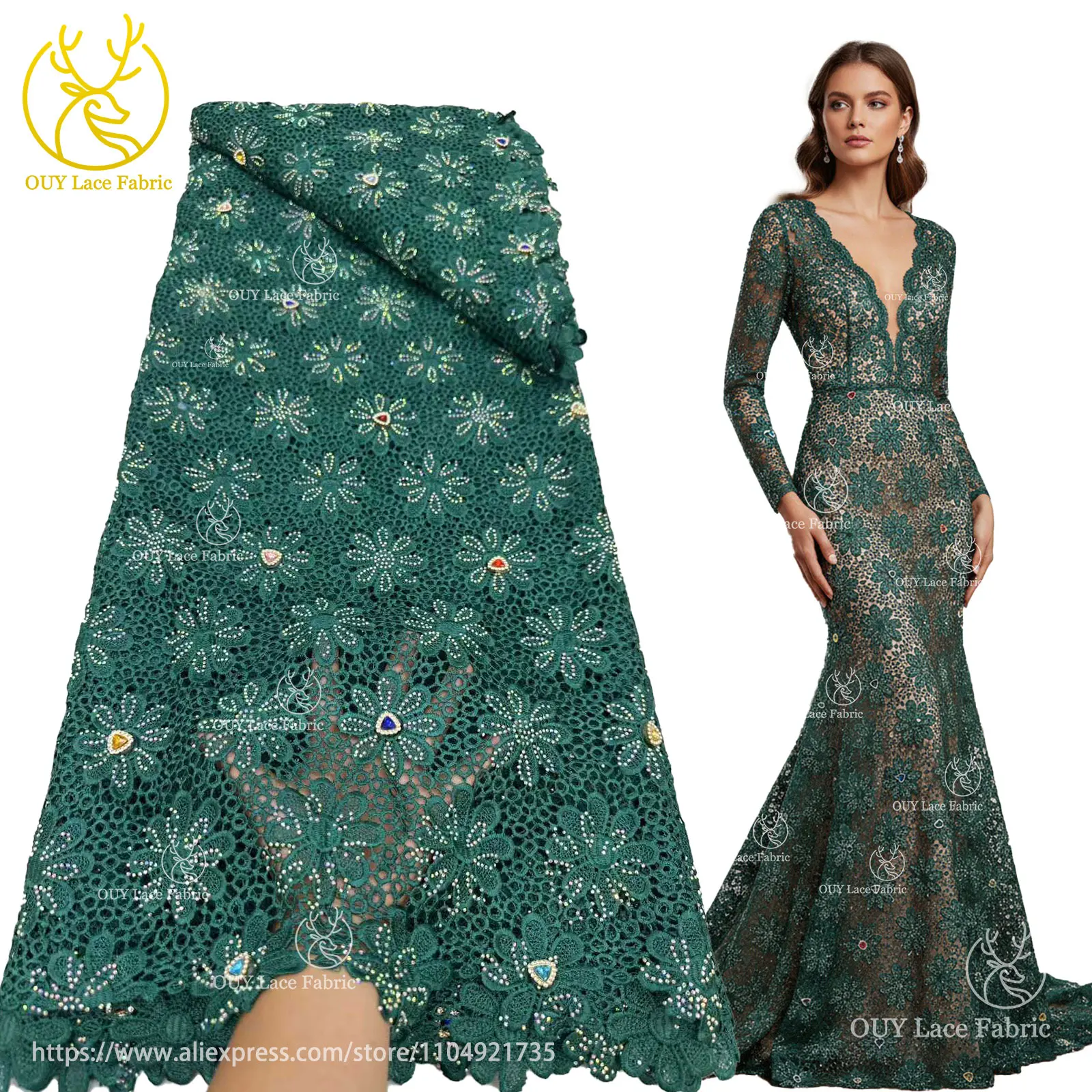 

African Luxury Gemstone Guipure Lace Fabric 2025 Gorgeous Niger Embroidered Lace Lace Fabric for Women's Party Dresses Sewing