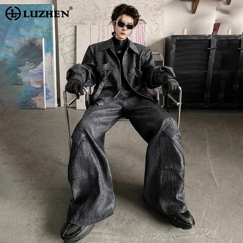 LUZHEN Original Designer Handsome High Street Luxury Multi Pockets Belt Design Men's Jacket Casual Pants Two-piece Sets LZ6420