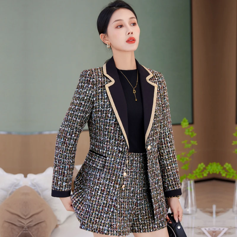 Frauen Winter Herbst 2 Stück Set Tweed Patchwork Jacke umdrehen Kragen Langarm Single Button hohe Taille kurze Hosen Sets