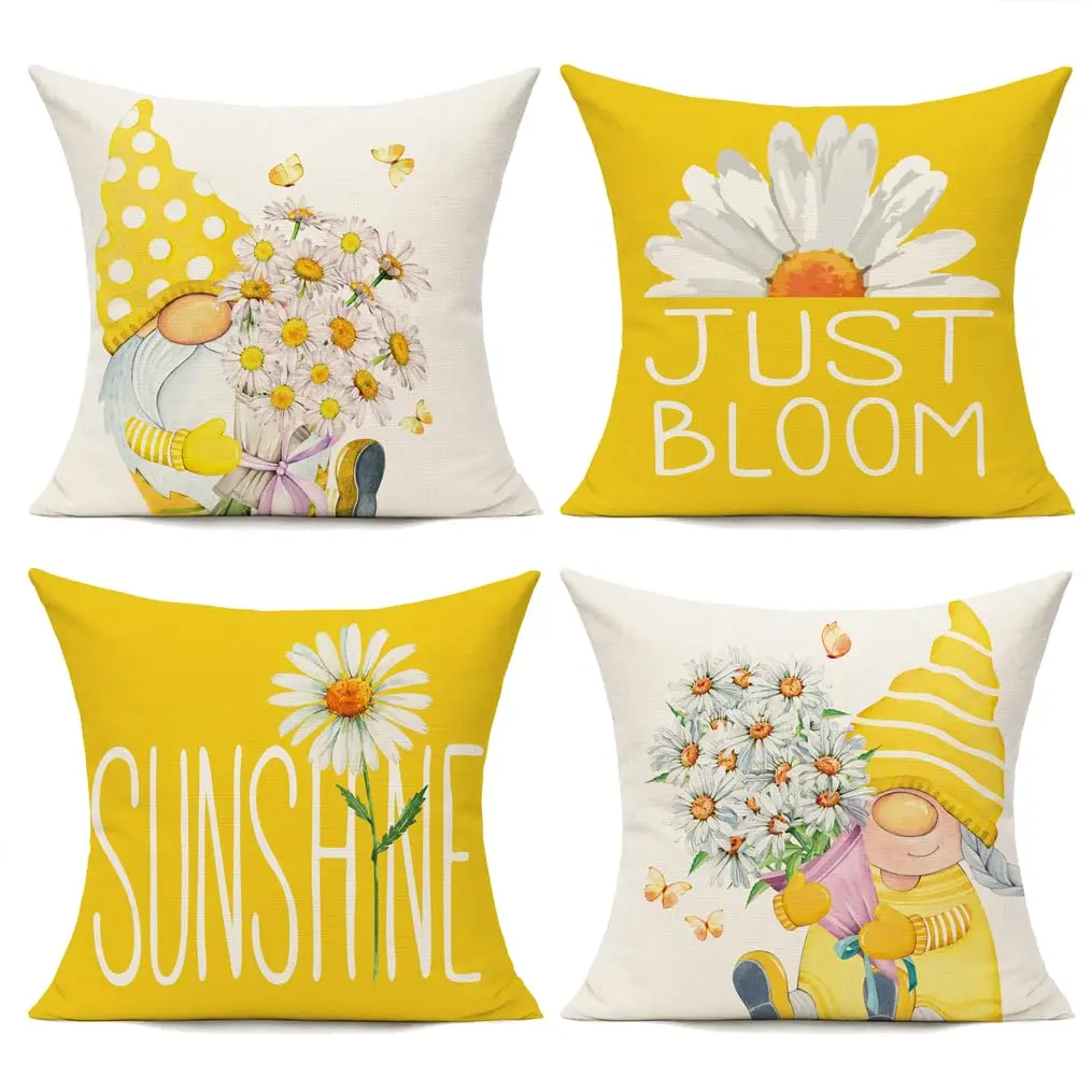 

Throw Pillow Covers 18x18 Set of 4 Spring Summer Cushion Cases Home Décor for Patio Couch Chair Sofa,Daisy Floral Gnomes