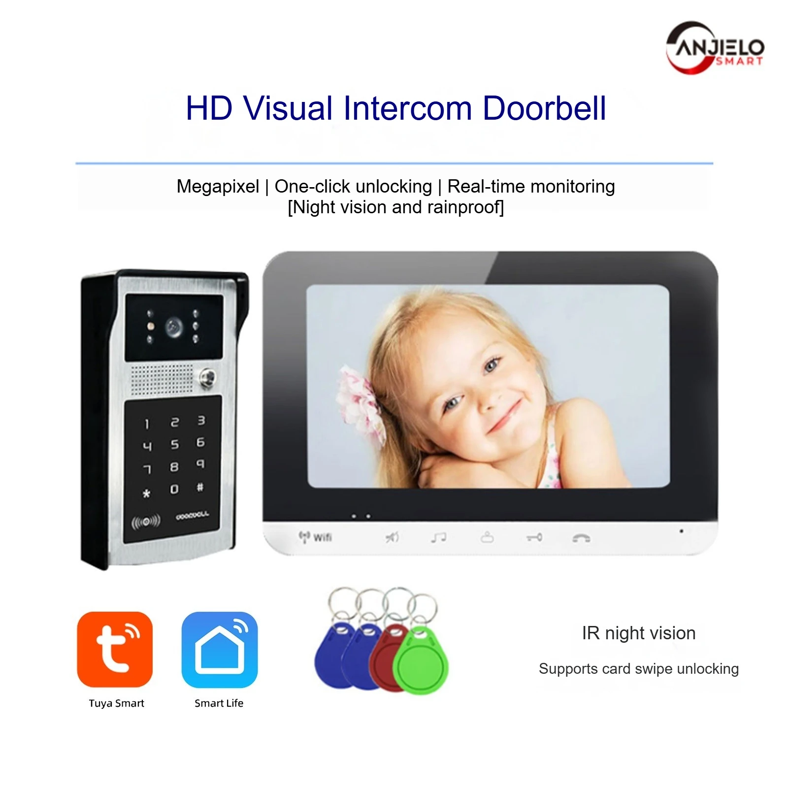 Campainha de intercomunicação de vídeo WiFi com desbloqueio remoto inteligente de sete polegadas, câmera com fio para vila familiar