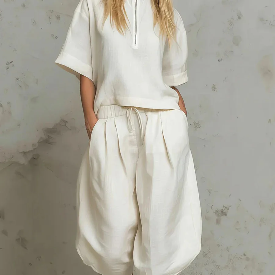 Women Fashion 2 Piece Set New Half Zip Short Sleeve Top + Casual Shorts Sprot Set Summer Loose High Street Daily Outfit Vacation view 3