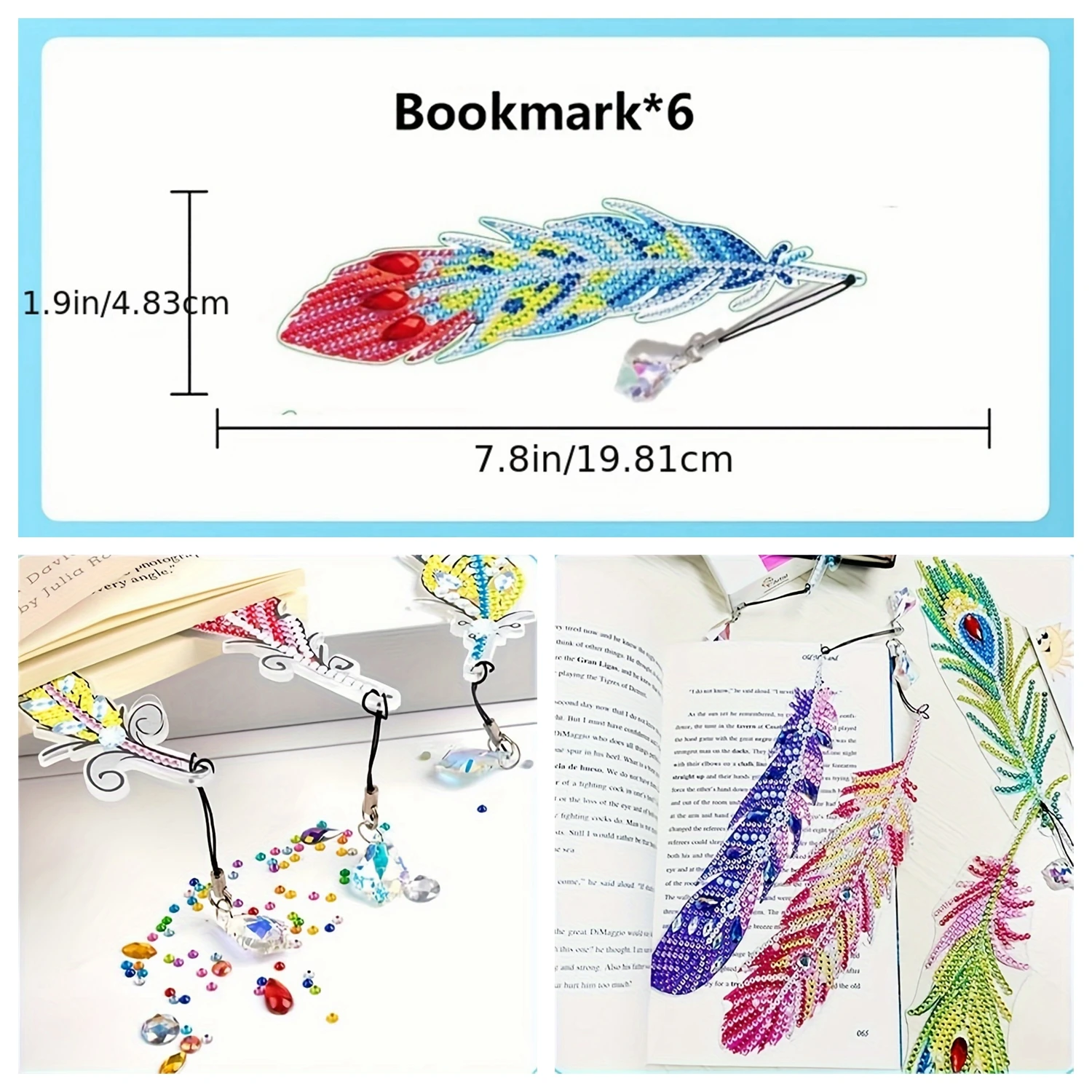 6pcs/set DIY Diamond Painting Bookmarks Feather PET Material with Crystal Pendants for Books Notes Diamond Art Feather Bookmarks