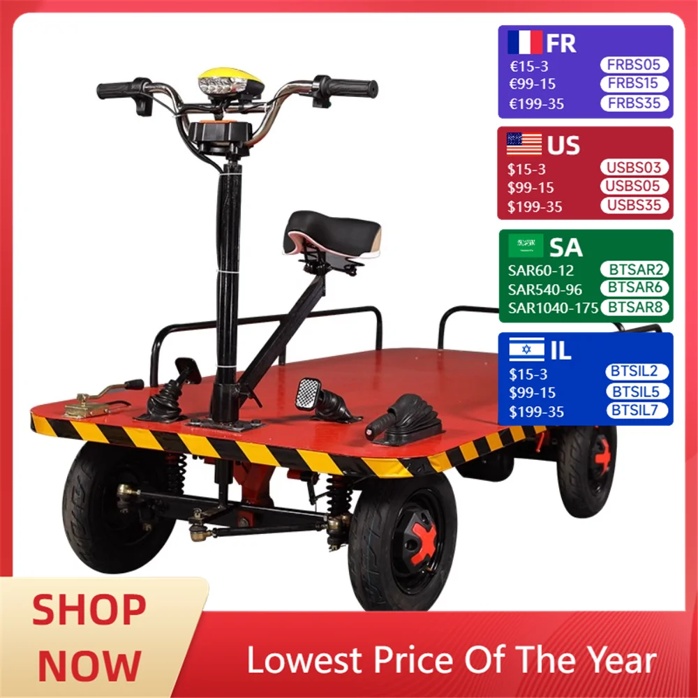 

Electric four-wheel flatbed transport cart for cargo warehouse construction site transport