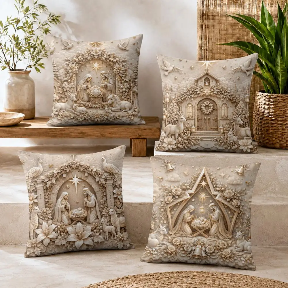 Vintage Nativity Relief Cushion Cover Summer Coolness Linen Organic Fabric Sofa Pillow Case Double-Sided Printing Home Decor