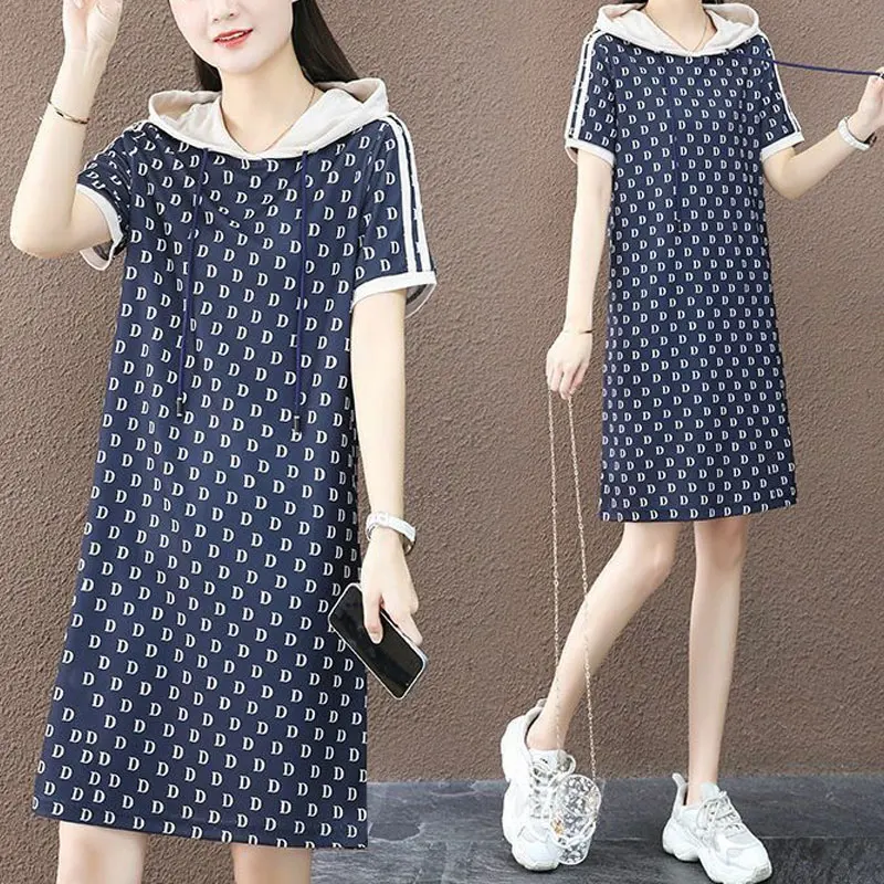 스포츠 후드 스트레이트 드레스, 여성 의류, 루즈 스타일리시 드로스트링, 반팔 캐주얼 레터 프린트, 미디 원피스, 여름 신상