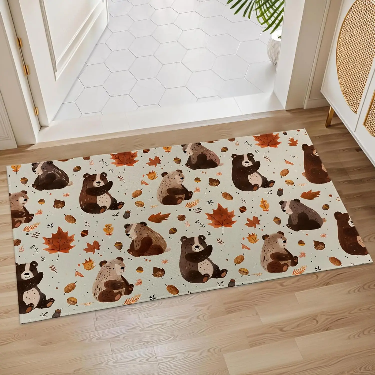 

Милый осенний коврик для прихожей с медведями, осенними листьями и желудями, нескользящий