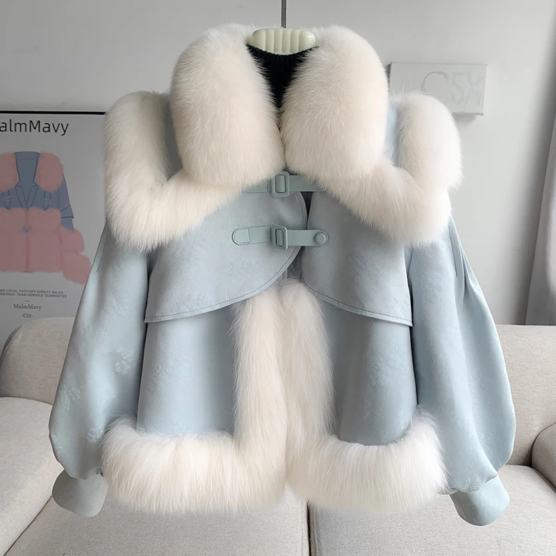 

2023 Goose Down Coat Womens Winter Natural Fox Fur Collar Loose Luxury Puffer Jackets Clothing