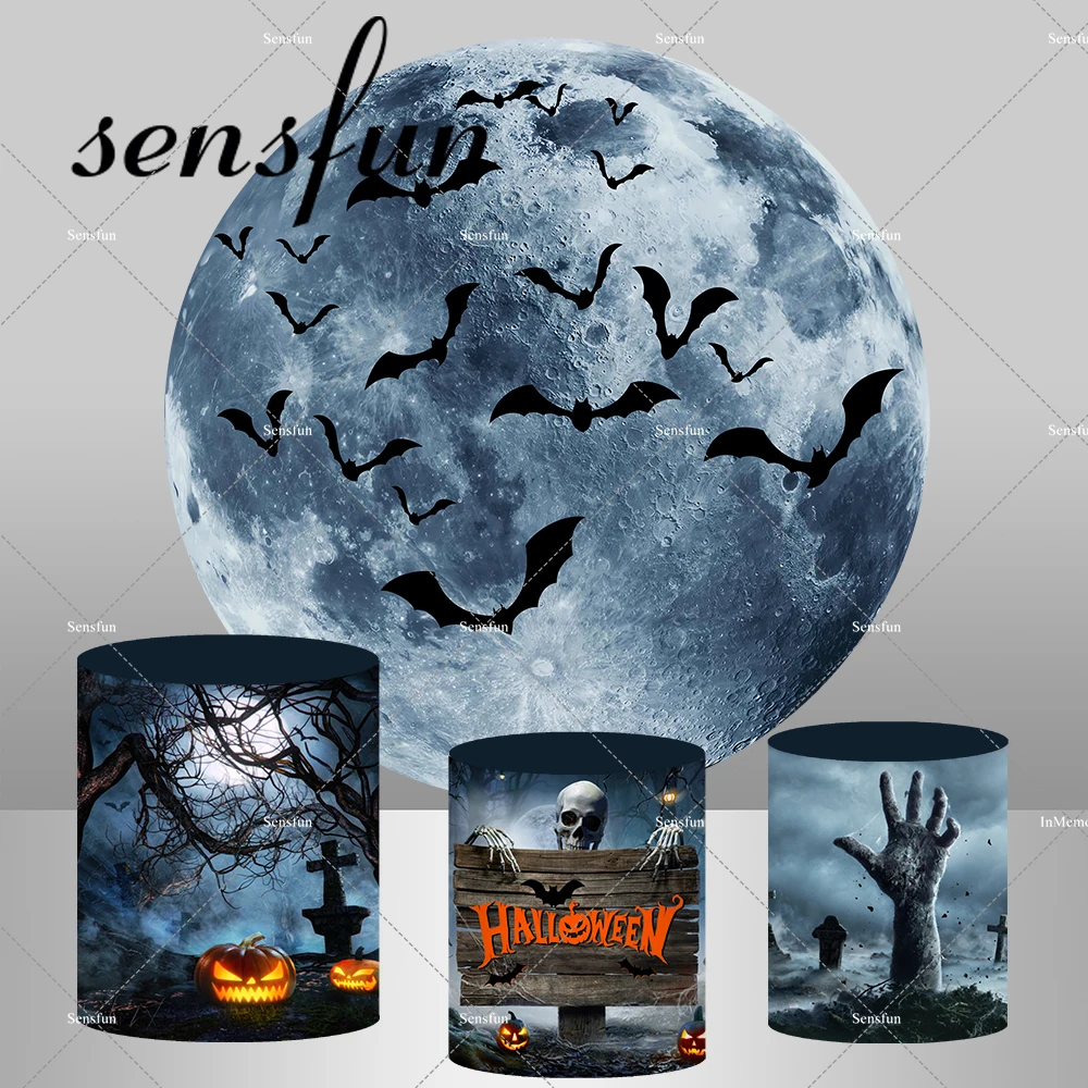 

Halloween Day Round Backdrop Cover Horror Cemetery Pumpkin Skull Middle Night Bat Full Moon Backgrounds Pedestal Covers