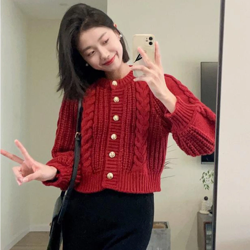 Red Sweater Vintage Chic Twist Cardigans Women Autumn Winter Cropped Knit Tops Graceful Ladies Fashion Mujer Aesthetic Clothes