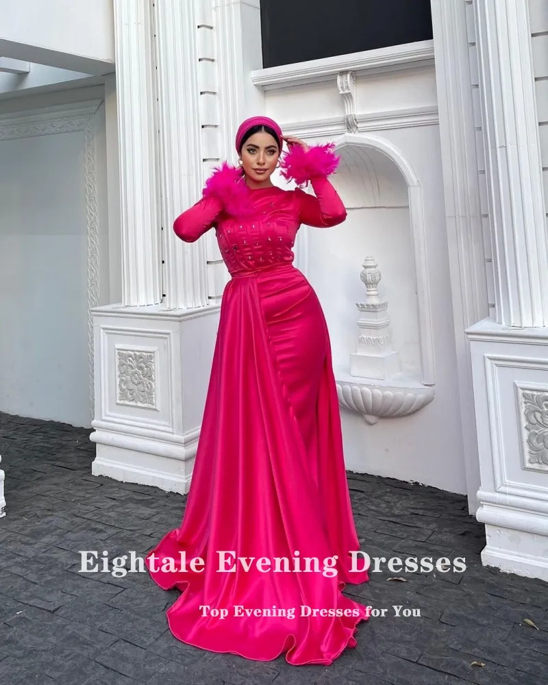 Eightale Arabic Evening Dress for Women O-Neck Beaded Long Sleeves Satin Feather Mermaid Prom Party Gowns robe de soirée femme