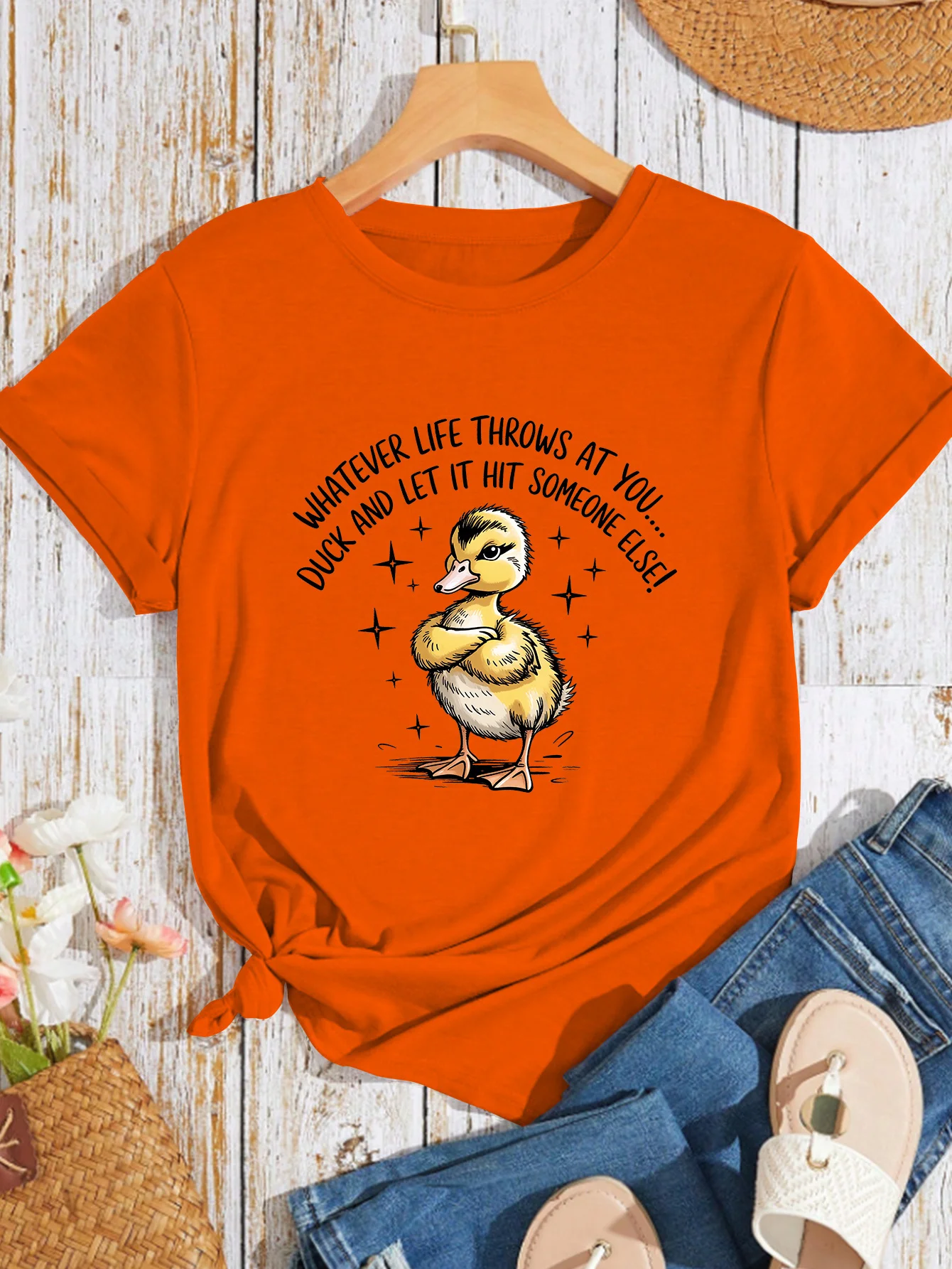 Simple Temperament New Fun Duck Print Round Neck Daily Casual Fashion Retro Style Summer Casual T-shirt