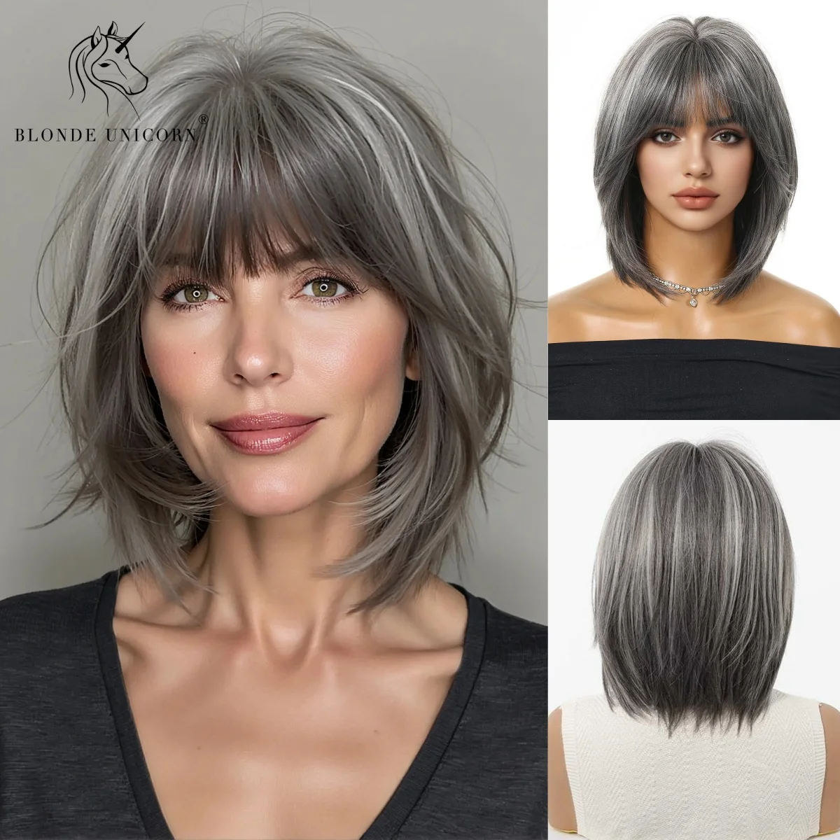 12 Inch Grey Ombre Short Straight Bob Synthetic Wig with Bangs Heat Resistant Natural Looking for Women Daily Wear Party Cosplay