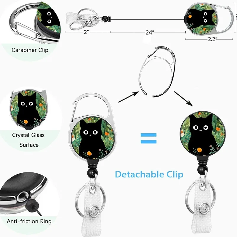 Imagem -03 - Cat Floral Badge e Reel Lanyard Conjunto para Mulheres Gato Preto Bonito Fácil Puxar Fivela Material de Escritório Estético