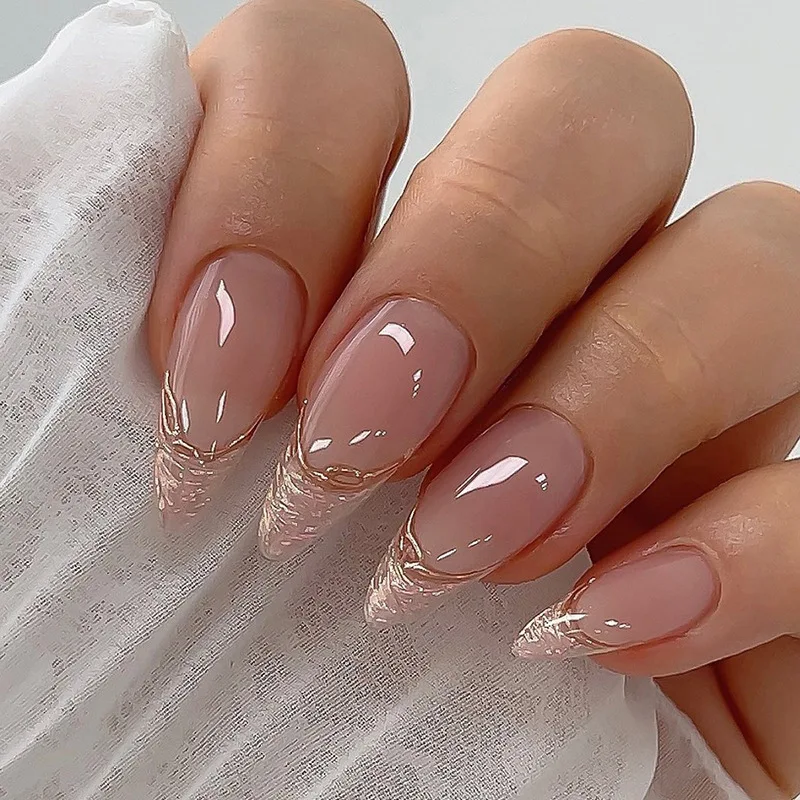 

24pcs Pink French Press-On Nails - Irregular Pearl Gold Tips Long Almond Shape (Multi Sizes) False Nails With Wearing Tools