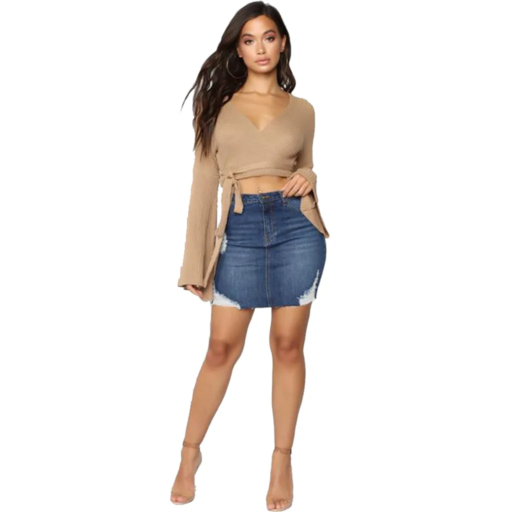 

Fashion Trend Ripped Hip Wrap Denim Stretch Skirt for women