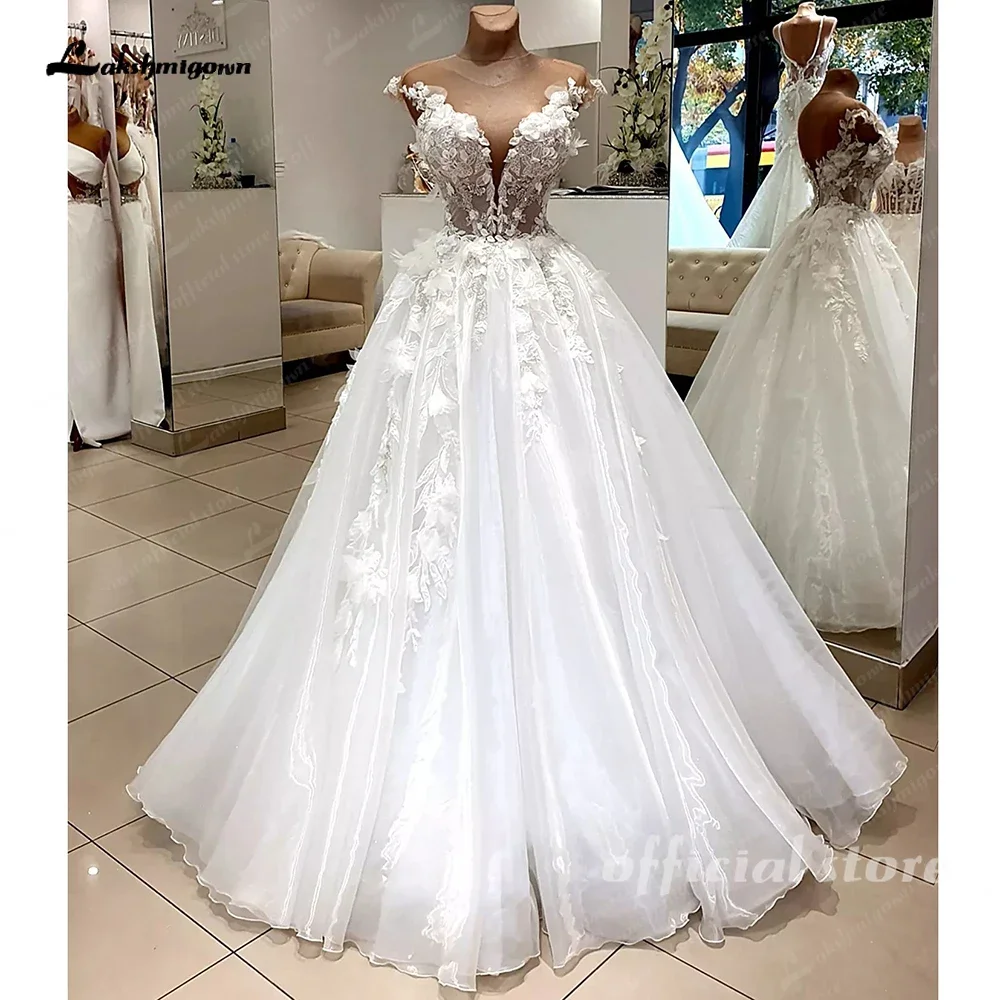 

Lakshmigown Organza Wedding Dresses with Cap Sleeves Vestido De Novia Ball Gown Floral Lace V Neck Bridal Dress Customized