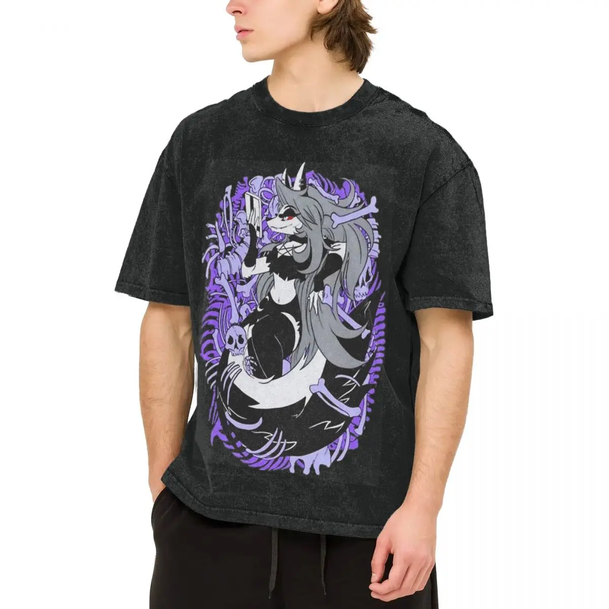 تي شيرت مغسول كبير الحجم H-Helluva Boss Loona تي شيرت فضفاض تي شيرت هيبي للرجال صيفي Y2K تصميم ريترو #2