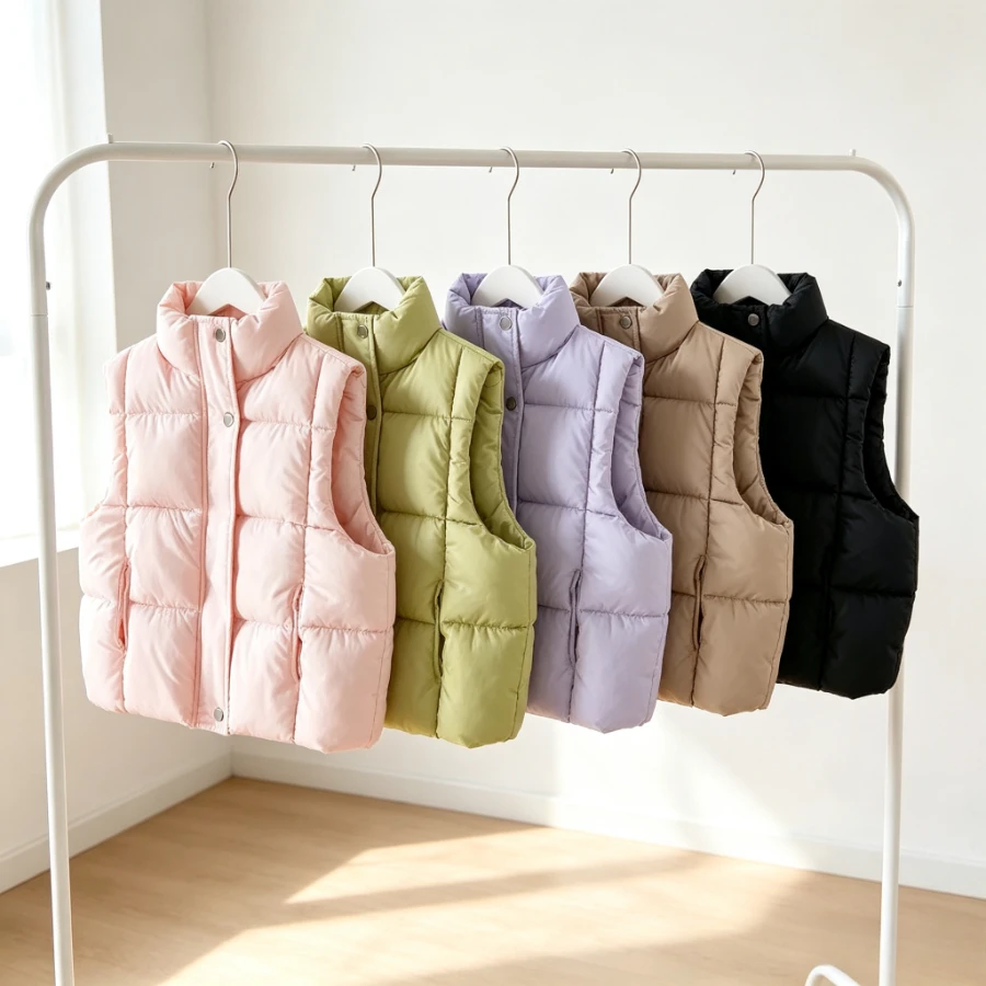 Kids Snap Button Padded Vest Stand Collar Sleeveless Jacket Pockets Boys Girls Cute Fall Winter Layering Piece for Daily School