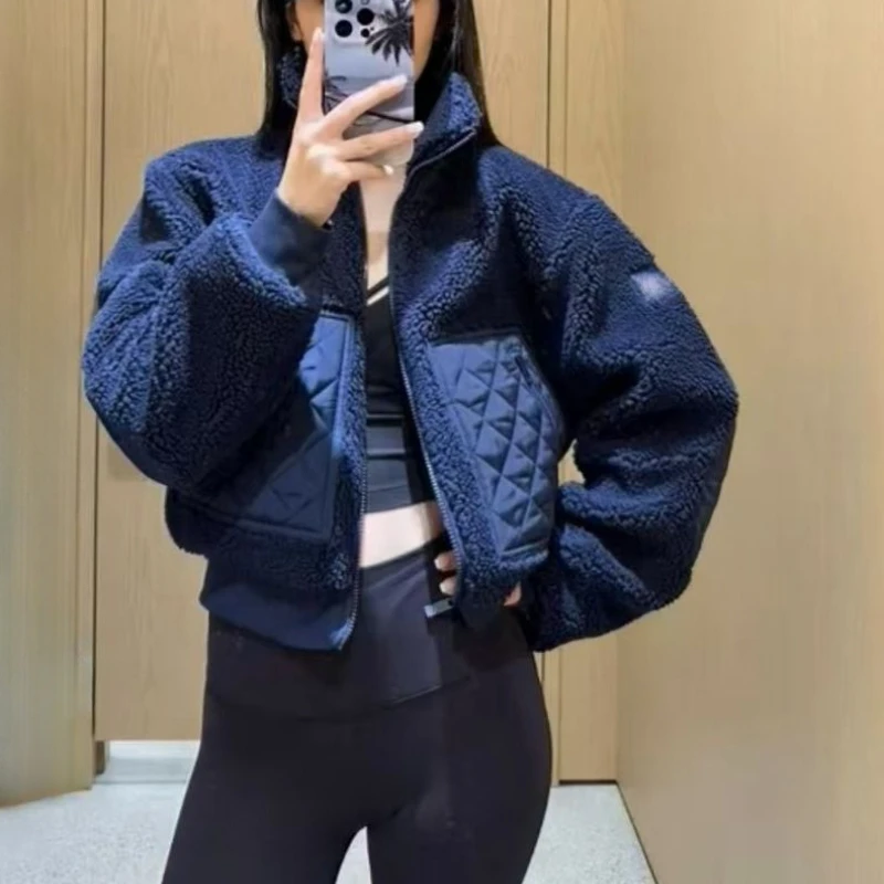 2025 جديد ملابس خارجية جاكيتات اليوغا السترة خروف أفخم معطف دافئ الوقوف طوق قميص سترة طويلة الأكمام سترة اقتصاص بلوزات #2