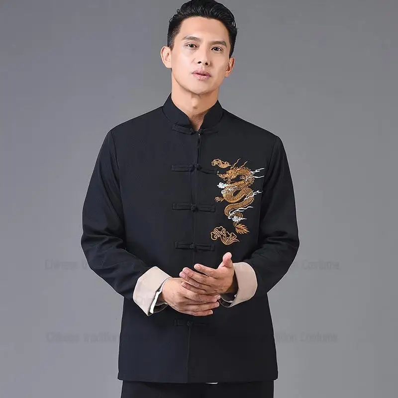 Chinese Style Hanfu Tang Clothes Men Balck Jackets Cotton Embroider Dragon Kong Fu Costume Traditional China Clothing Plus Size