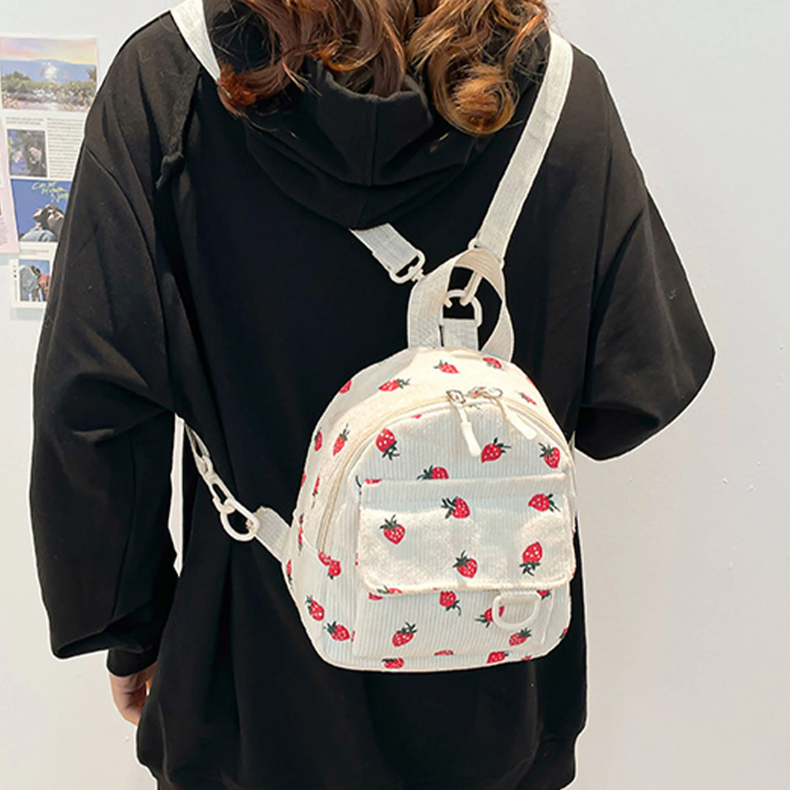 Strawberry Corduroy Mini Backpack Purse Travel Shoulder Bag Casual Daypack for Women Teenagers and College