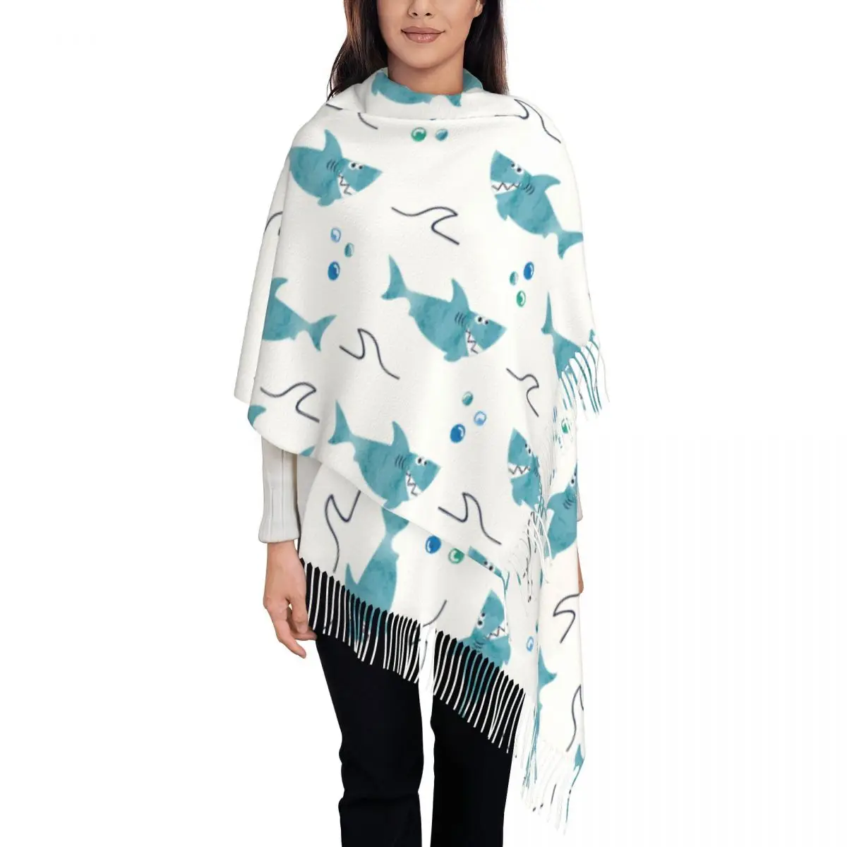 Womens Tassel Scarf Shark Cute Underwater World Ocean Sea Marine Organism Large Winter Fall Shawl Wrap Gifts Pashmina Scarves