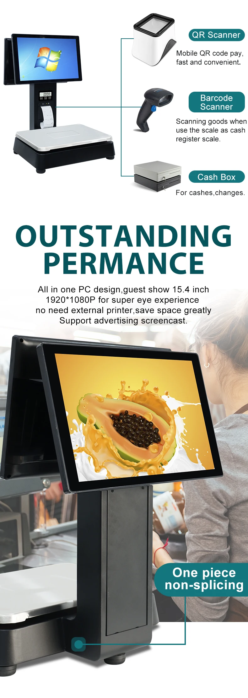 Bilancia POS con capacità di 15/30 kg - Touch screen da 15,6" per sistemi di cassiere al dettaglio