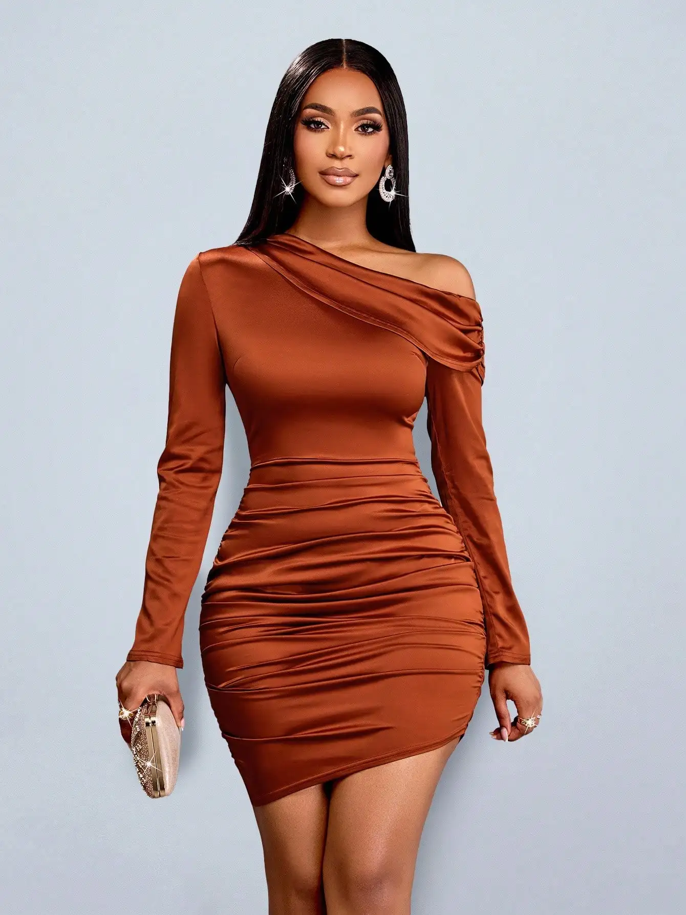 여성용 우아한 비대칭 넥라인 긴 소매 주름 미니 새틴 드레스 파티 필수템 가을 여성 의류