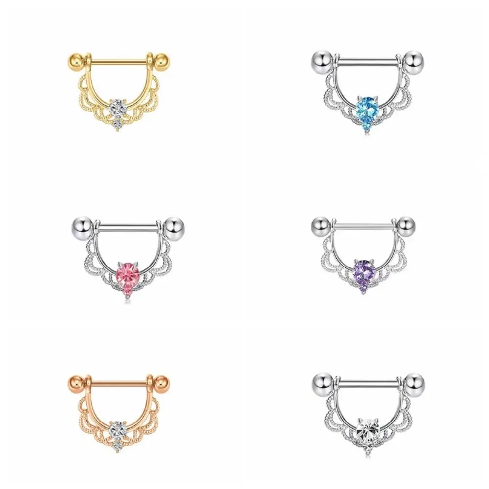 Barbell Zircon U-shaped Nipple Ring Rhinestone Half Round Stainless Steel Geometric Piercing Daily