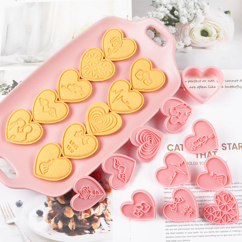 10 piezas de bonitos cortadores de galletas para el Día de San Valentín, sellos de plástico con forma de corazón rosa para galletas, molde para galletas, juego de moldes para galletas para amantes de la prensa