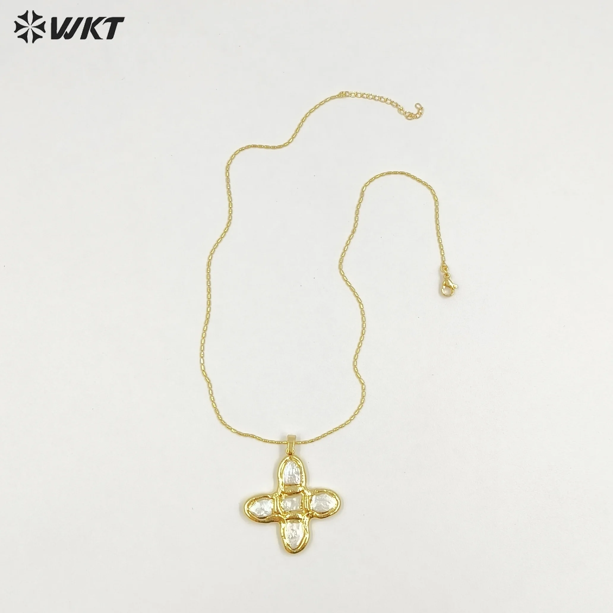 

WT-JN340 Natural Freshwater 18inch Pearl Cross Shape Necklace With 18k Real Gold Plated For Girls Wedding Gifts