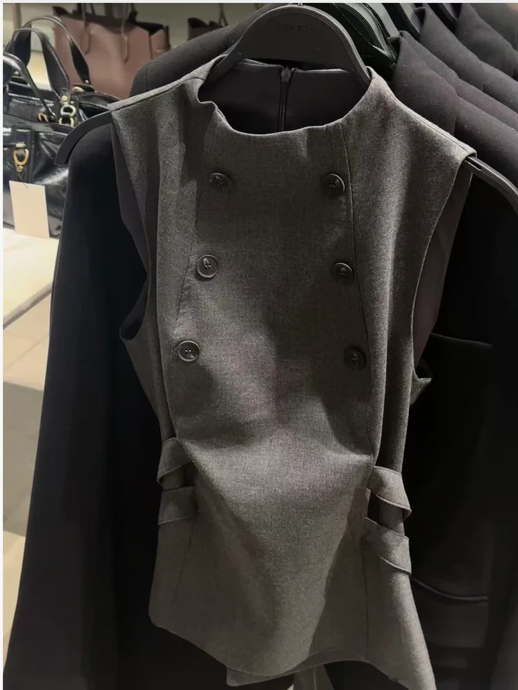 

Fall 2025 Women's Slim Fit High Collar Sleeveless Top Waist Cinched Vest Double Button round Neck Regular Length Color
