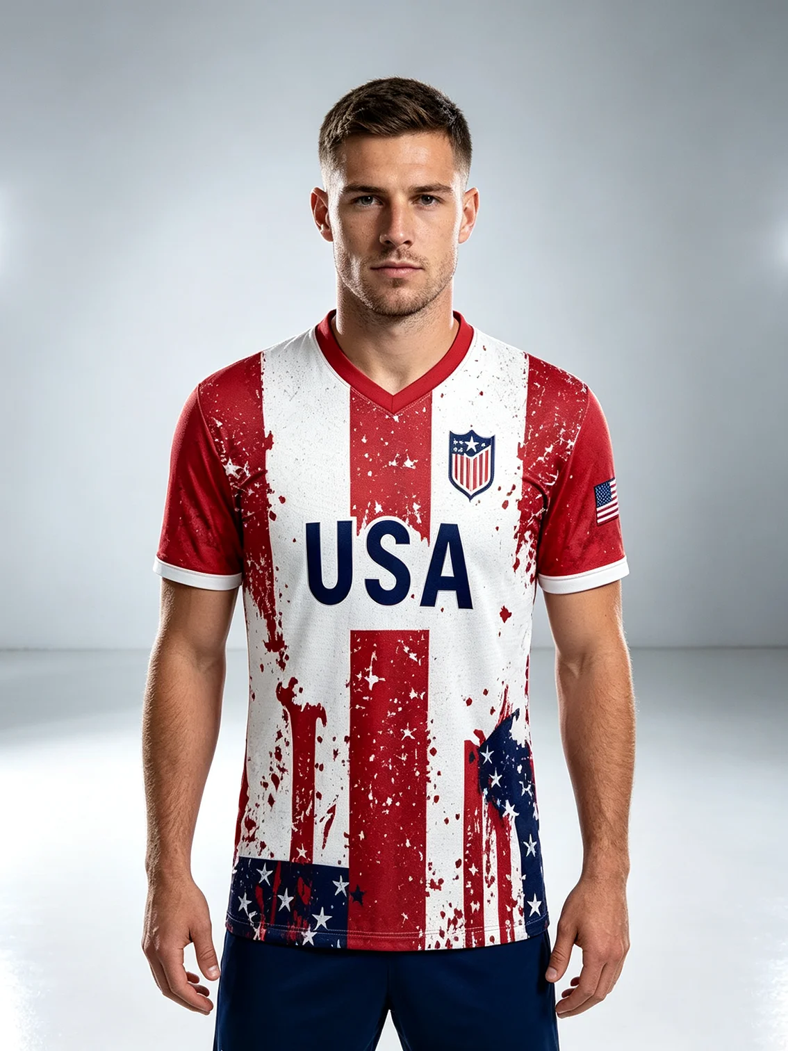 2026 USA V‑neck soccer jersey, vintage distressed flag print, bold USA letter logo, quick‑dry stretch fabric