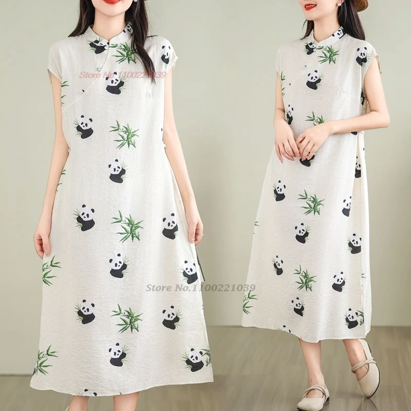 

2024 chinese vintage dress national panda print a-line dress cheongsam improved qipao dress traditional folk dress streetwear