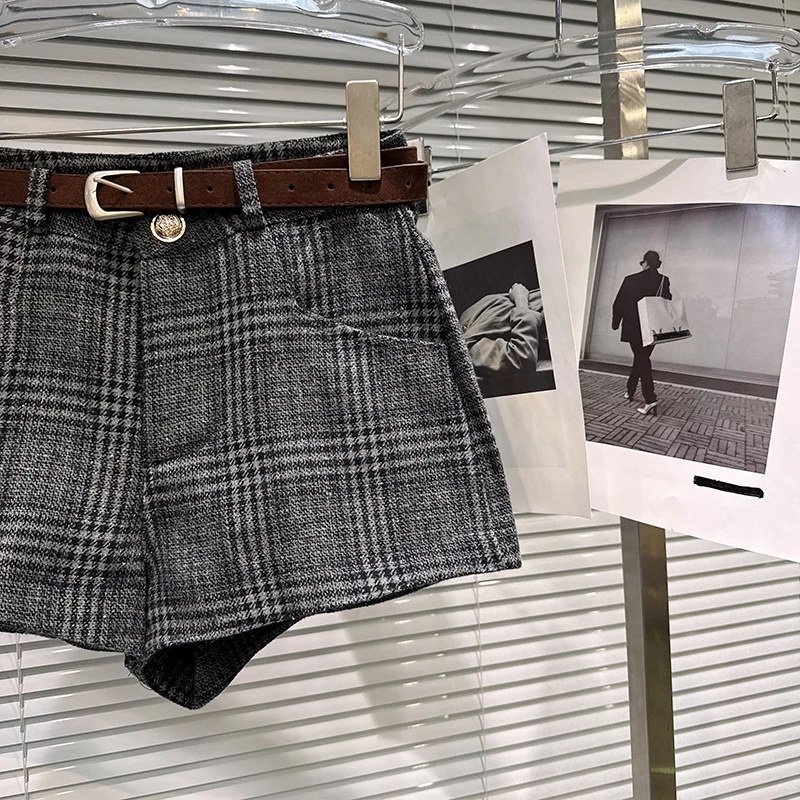 2025 outono inverno novo retro xadrez cor bloqueando casual com cinto moda versátil shorts botas calças para mulher