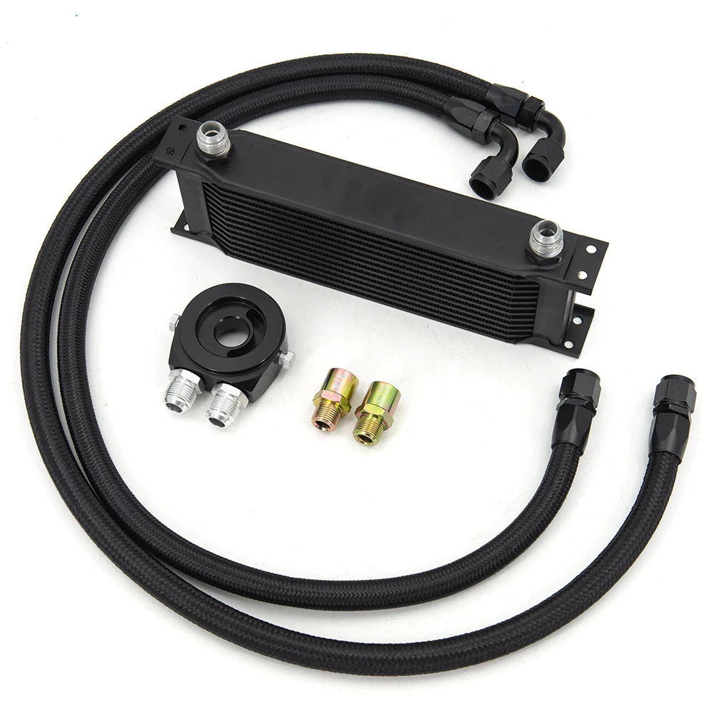 13 Rows Oil Cooler Kit AN10 Transmission Oil Cooler Kit Oil Filter Adapter With Nylon Stainless Steel Braided Hose