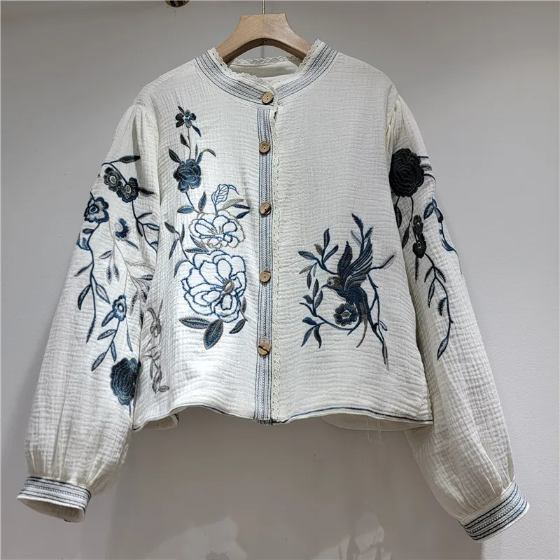 Women Ethnic Floral Bird Embroidered Blouse Retro Round Neck Lantern Long Sleeve Single Breasted Cotton Linen Loose Shirt Top