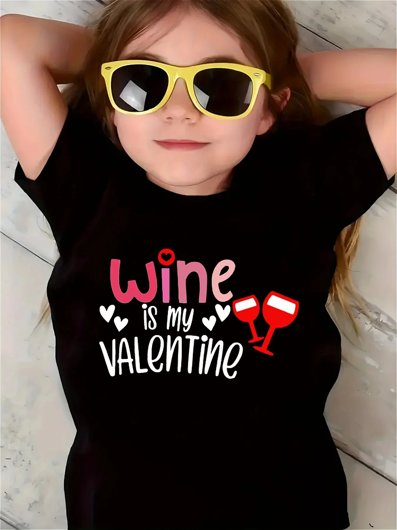 Valentine's Day Girls' T-shirt is my Valentine Letter Print Cup Pattern Print Fashionable Soft Round Neck Short Sleeve top