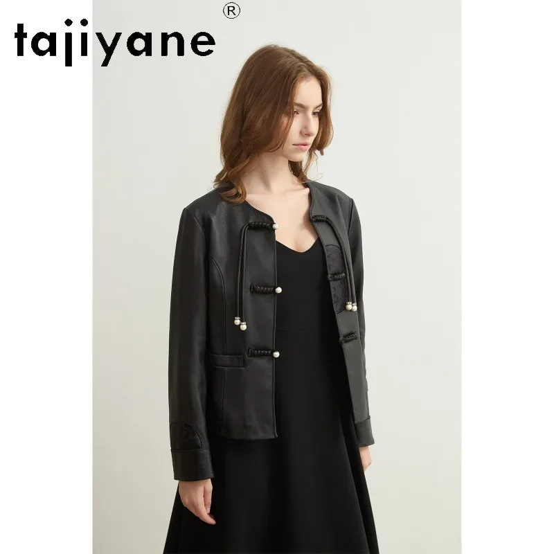 TAJIYANE 100% Sheepskin Genuine Leather Jacket Woman Black Leather Coat Round Collar Frog Buttons Jacket for Woman Short Jaqueta