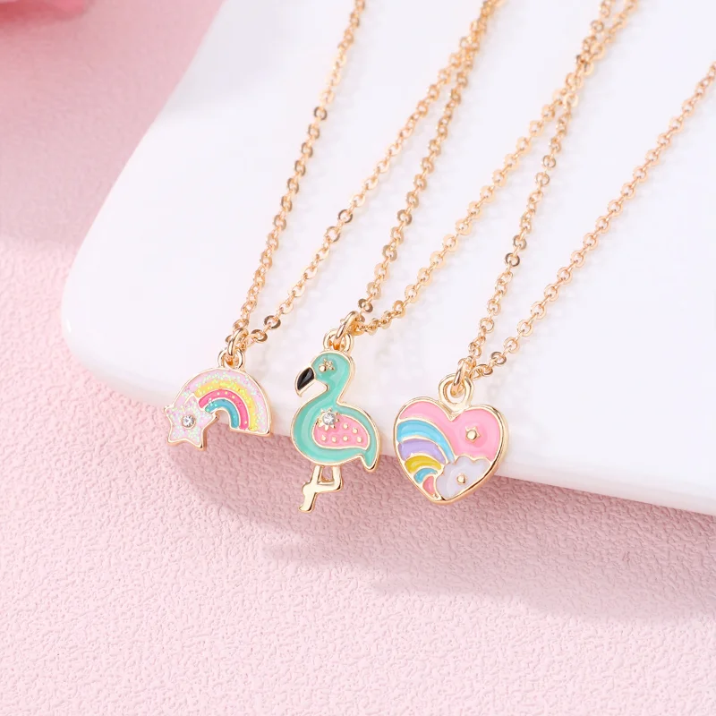 Luoluo&baby 3Pcs/set Cartoon Heart Rainbow Bird Pendant Necklace for Girl Kids Friendship BFF Necklaces Best Friend Jewelry Gift